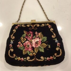Vintage Needlepoint Floral Black Evening Bag
